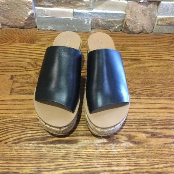 CHLOE Black Leather Platform Wedge Slide Sandals - Picture 4 of 10